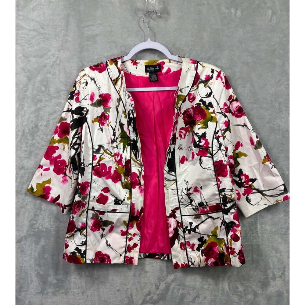 Ivy Chic New York Floral Blazer Pink White Rose Open Front 3/4 Sleeve Size M